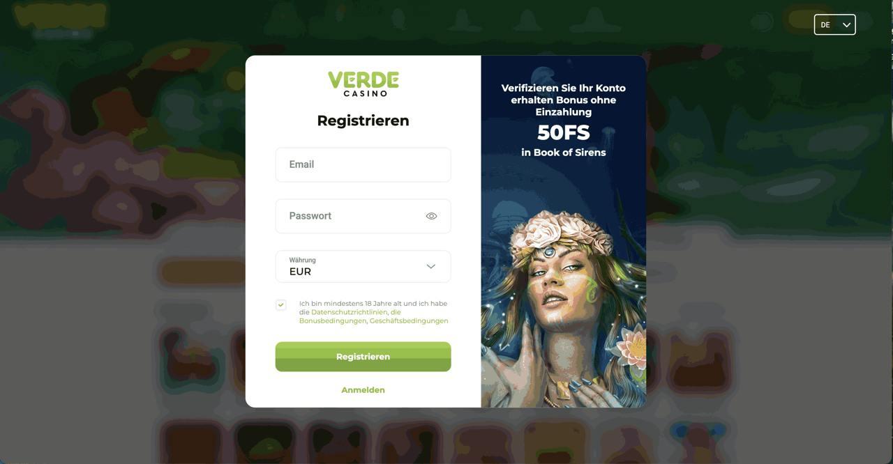 Verde Casino – 50 Freispiele bei Registrierung auf Book of Sirens